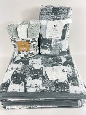 Deborah Connolly Bath Towel Set Gray White Cat Design Cotton Blend 10 Pc NEW